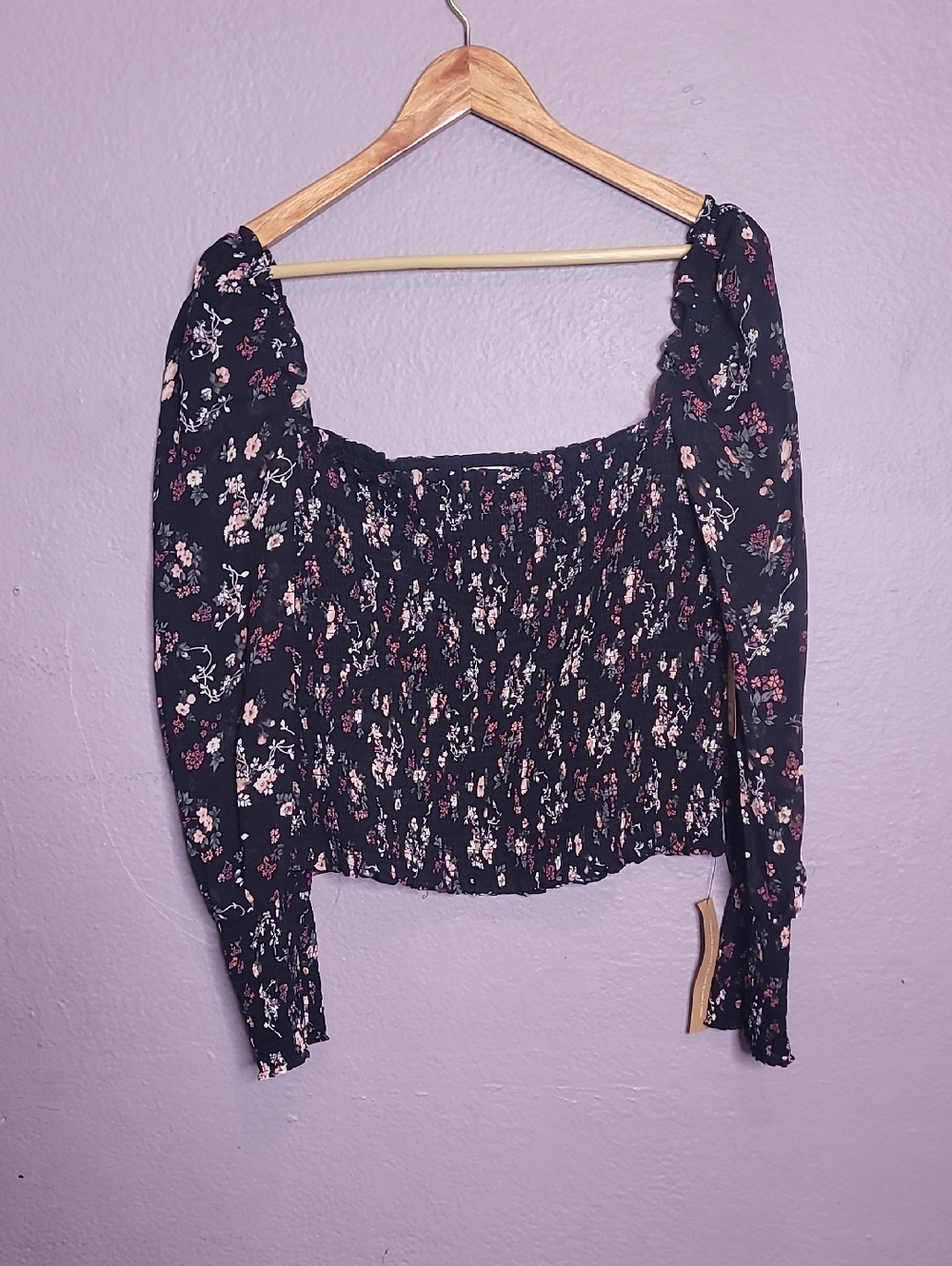 Reformation Black Floral Smocked Square-Neck Blouse